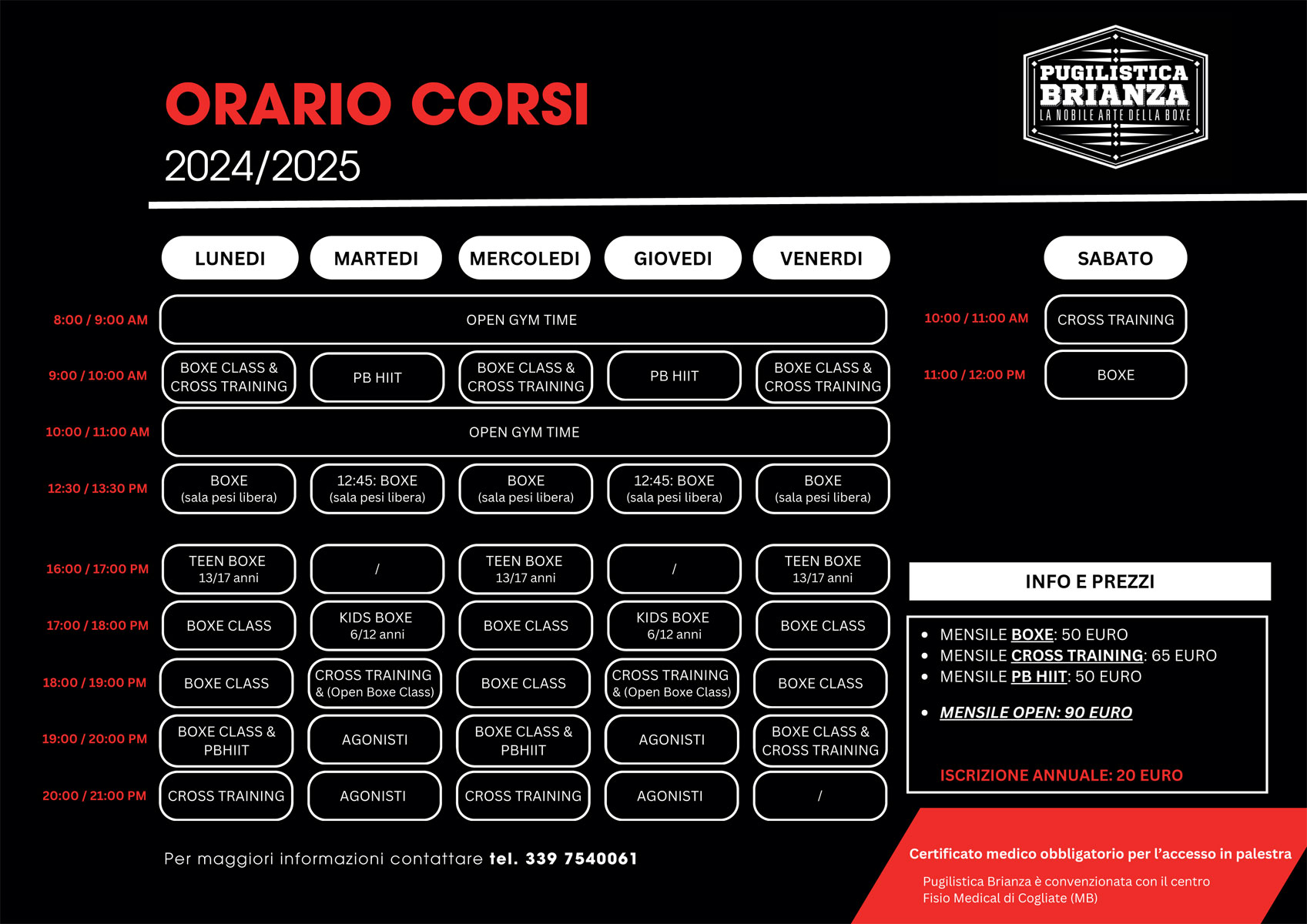 PUGILISTICA BRIANZA - ORARIO 2024